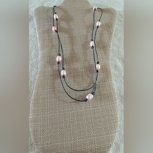 Handmade Light Pink Pearl And Charcoal Grey Leather Necklace